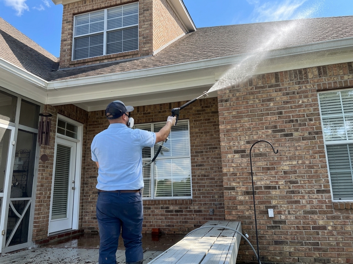 Professional pressure washing the exterior of a brick house