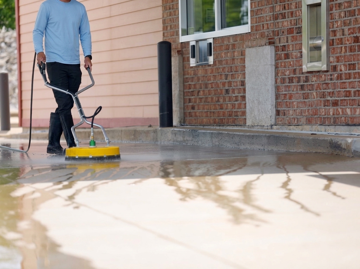 Commercial concrete surface being pressure washed