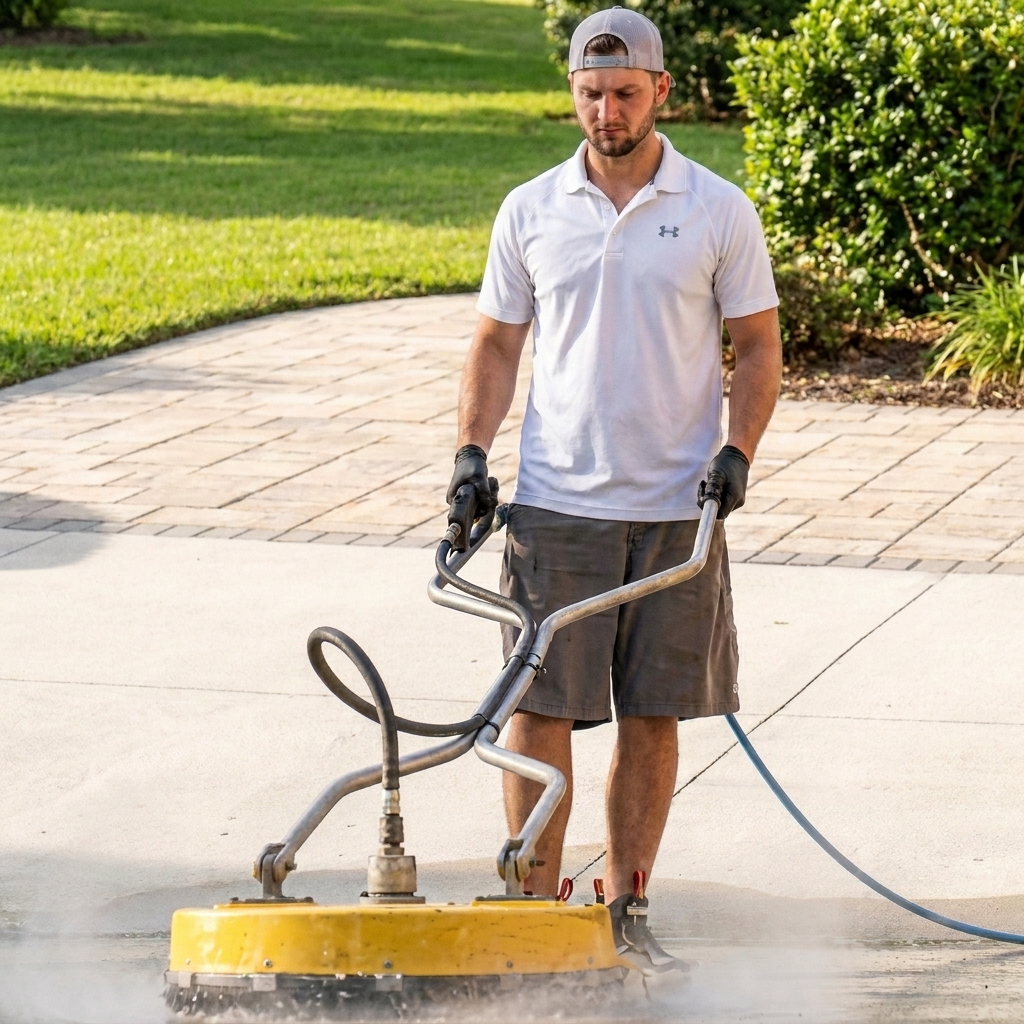 A rotary surface cleaner restoring a concrete driveway, leaving a clean strip behind it