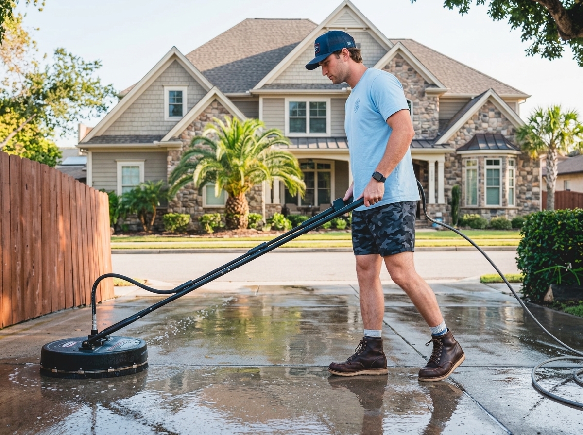 Residential driveway being professionally pressure washed
