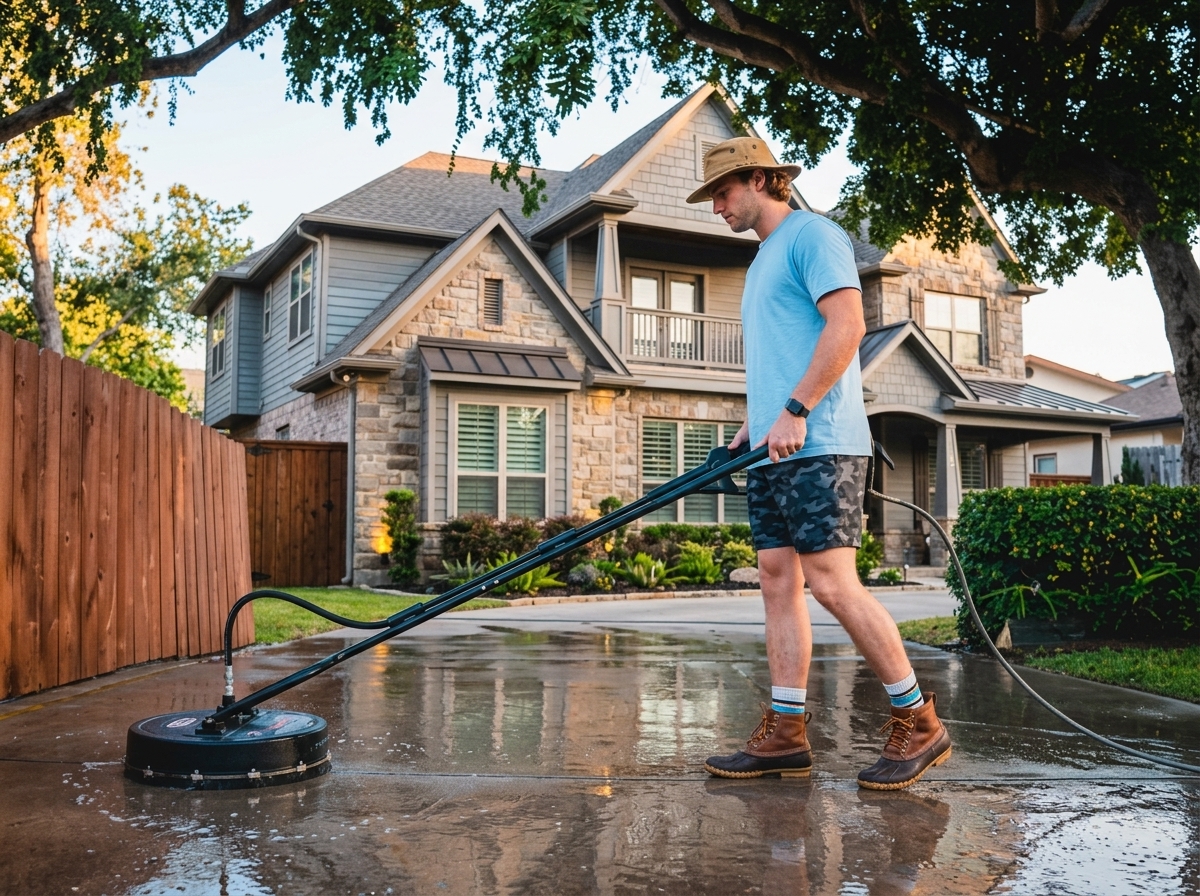 Professional surface cleaner washing a residential driveway