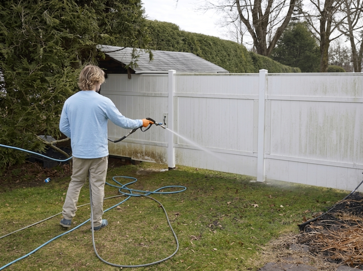 White vinyl fence being restored with pressure washing
